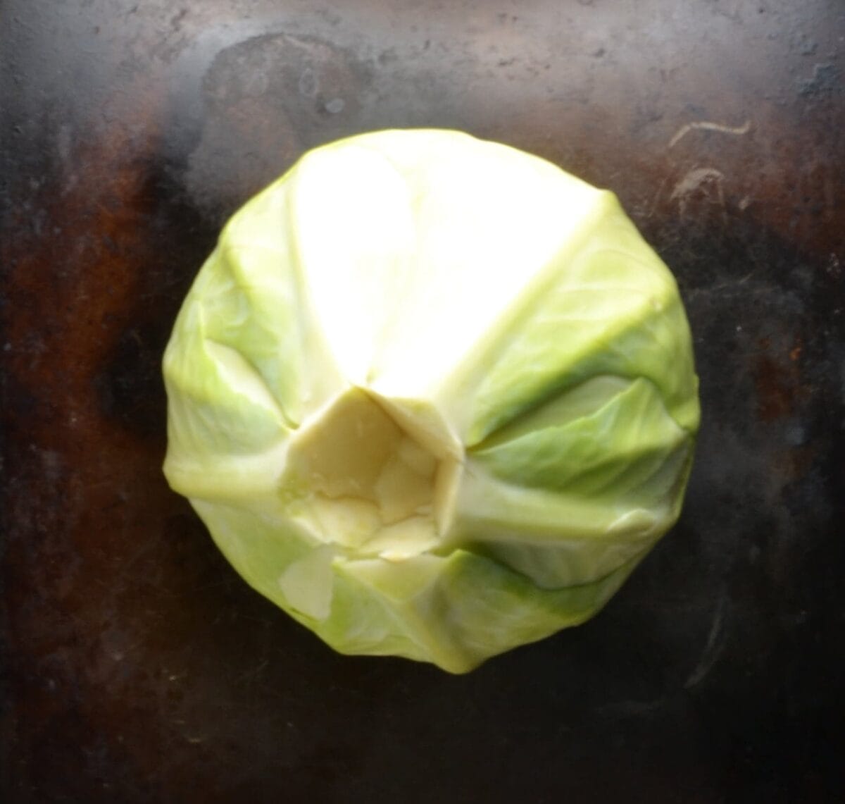 Top down view of white cabbage with middle cut out on dark surface.