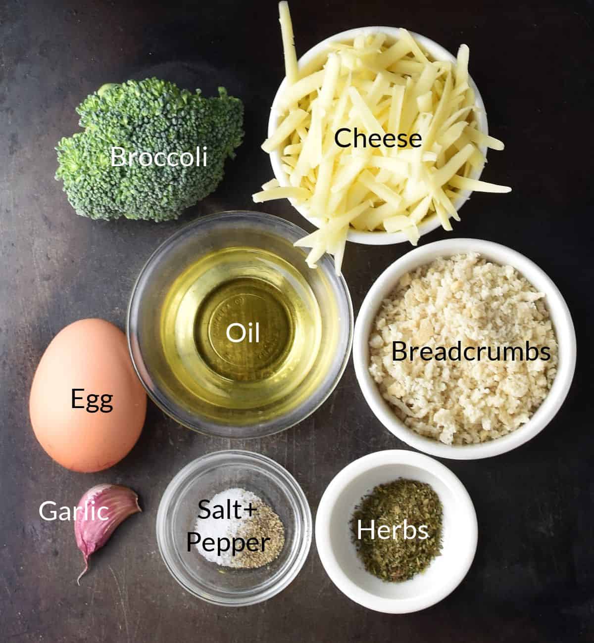 Top down view of ingredients for broccoli patties in individual dishes.