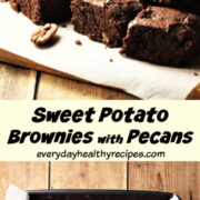 1 photo with brownies on top of paper and another with brownie batter in pan.