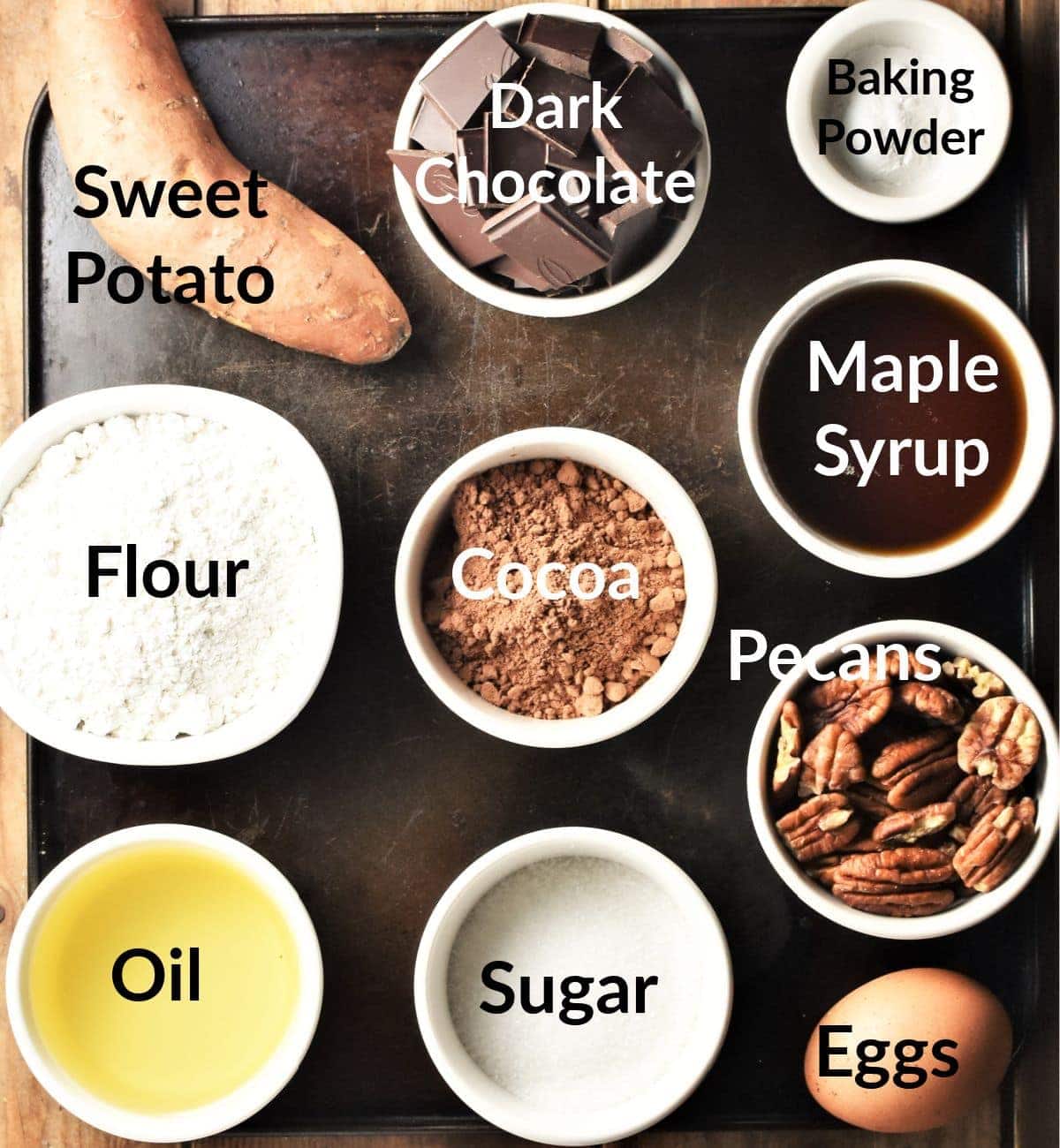 Sweet potato brownies ingredients in individual dishes.