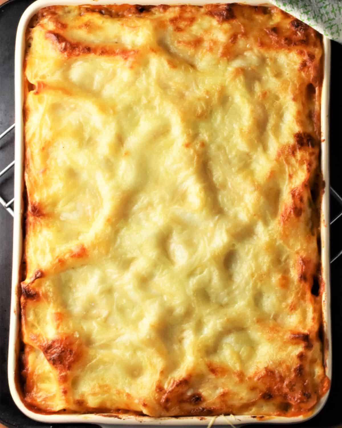 Top down view of lasagna golden-brown on top.