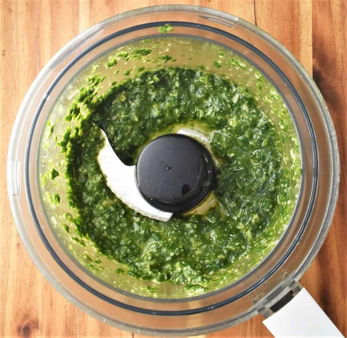 Making basil pesto for orzo salad.