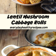 1 image showing cabbage rolls in white bowl with fork and blue cloth, and another image showing cabbage rolls in shallow white dish.