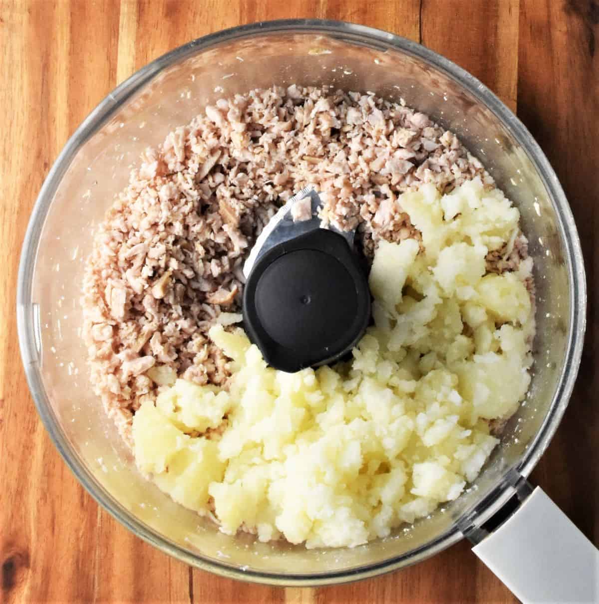 Crumbled turkey and cooked potatoes in food processor.