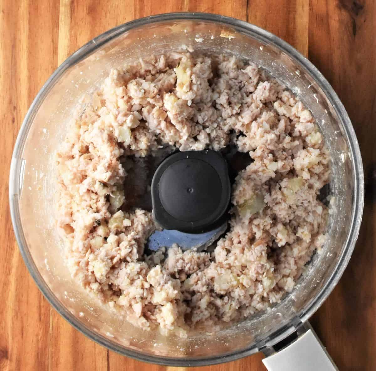 Leftover turkey potato mixture in food processor bowl.