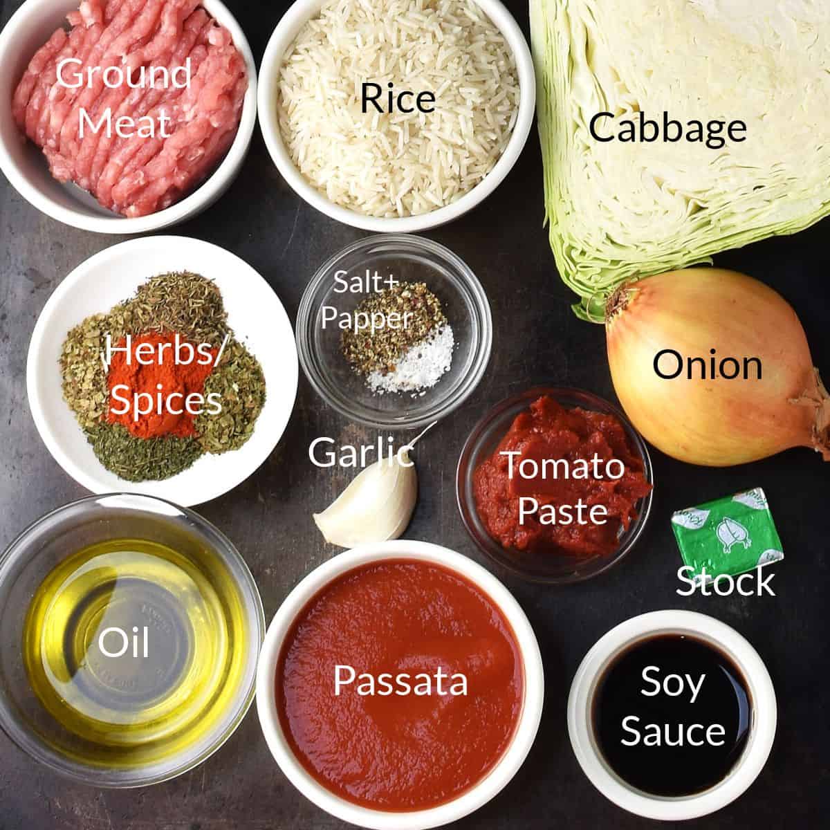 Top down view of ingredients for making cabbage roll skillet in individual dishes.