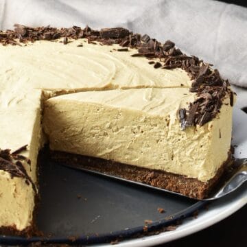 Side view of coffee cheesecake slice.
