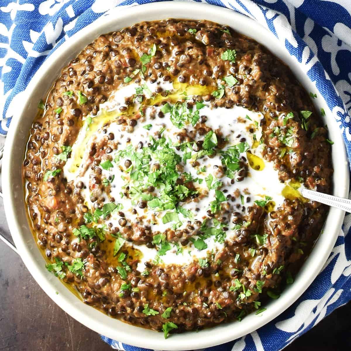 Top down view of black lentil curry in white bowl with spoon.