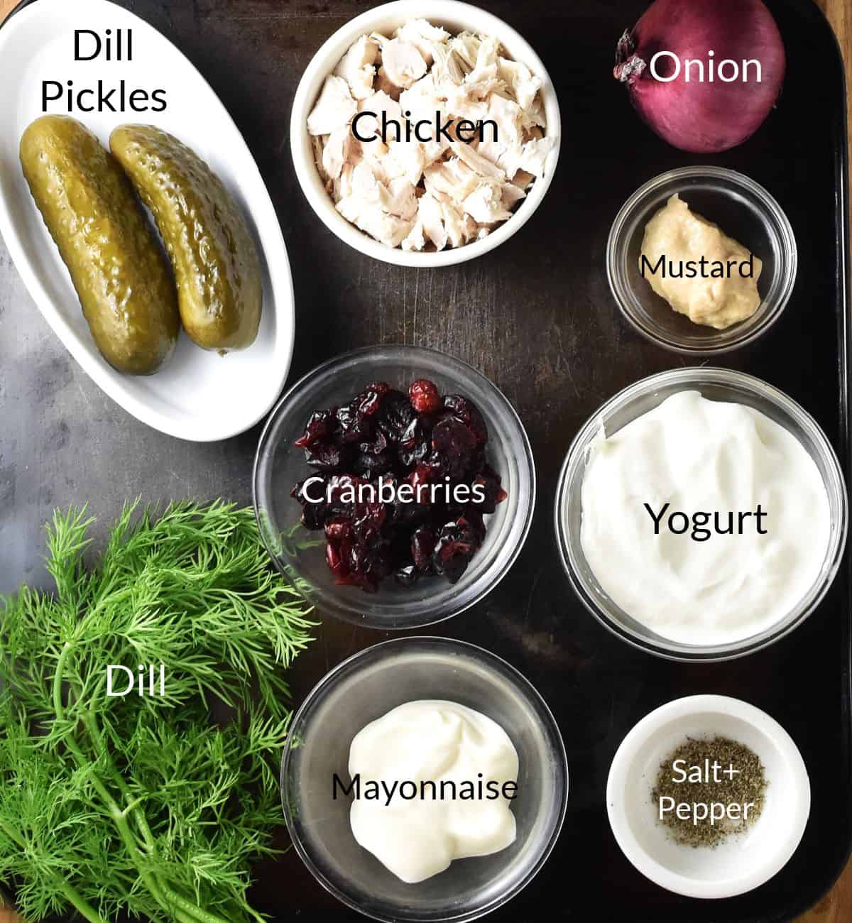 Top down view of ingredients for chicken salad with dill pickles in individual dishes.