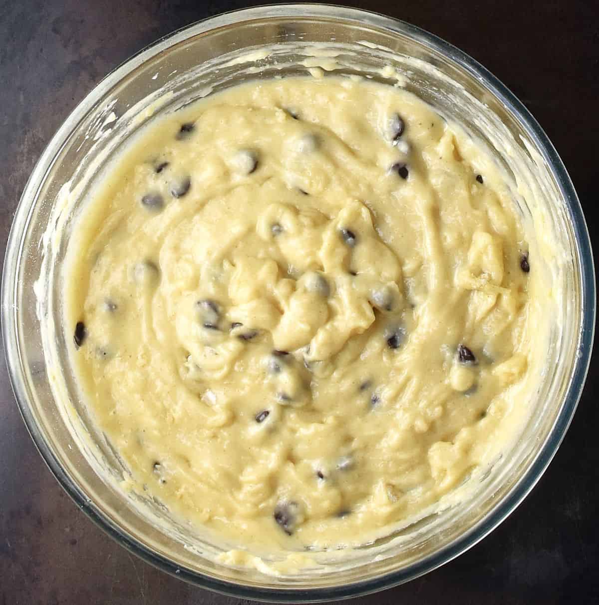 Marzipan cake batter in glass bowl.