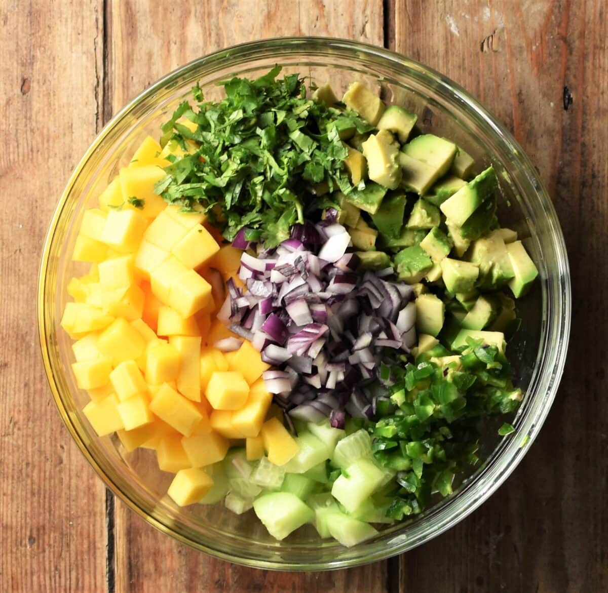 Chopped mango, avocado, cucumber, cilantro, red onion and chili pepper in b=mixing bowl.