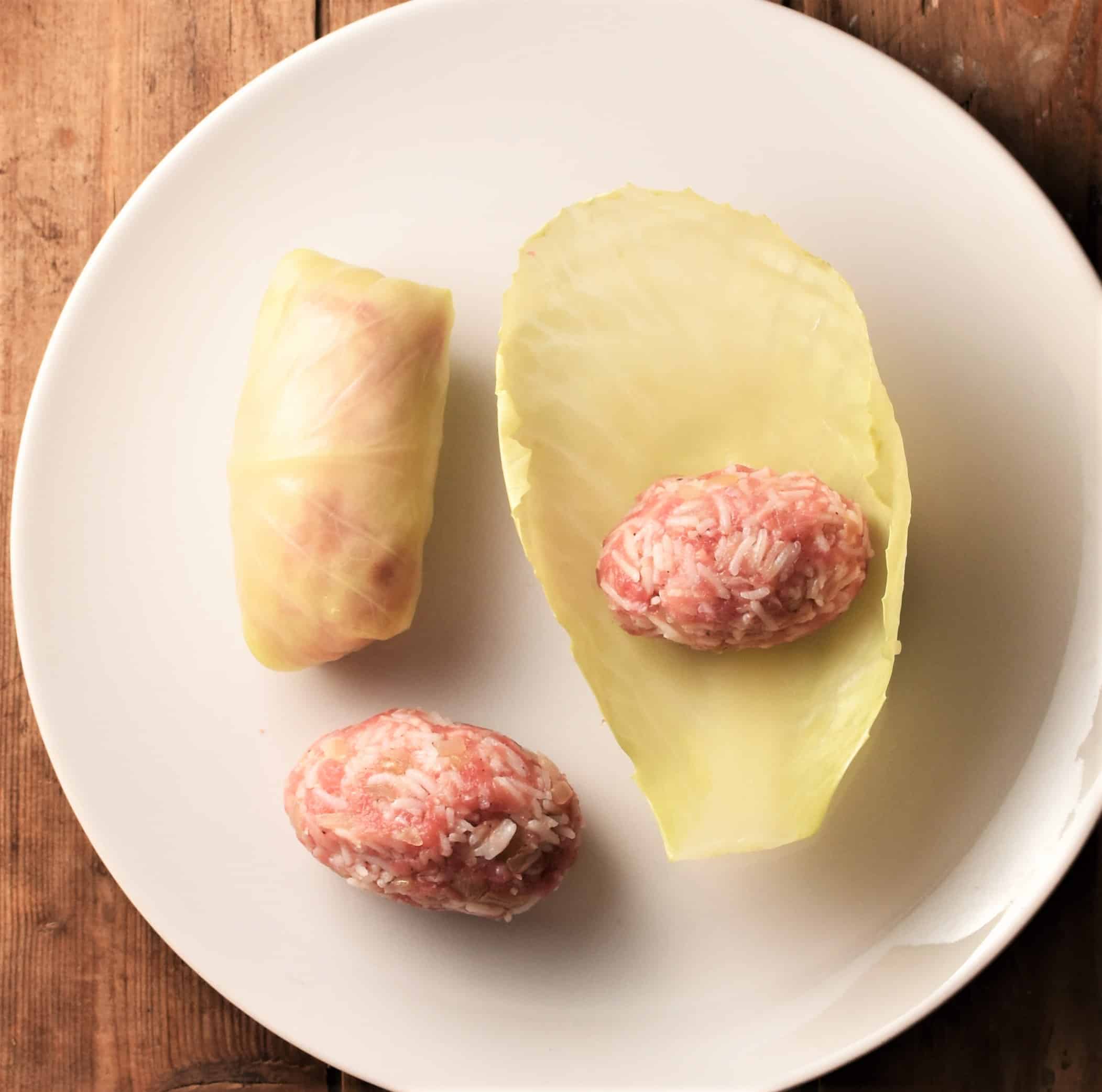 Making cabbage rolls on top of white plate.