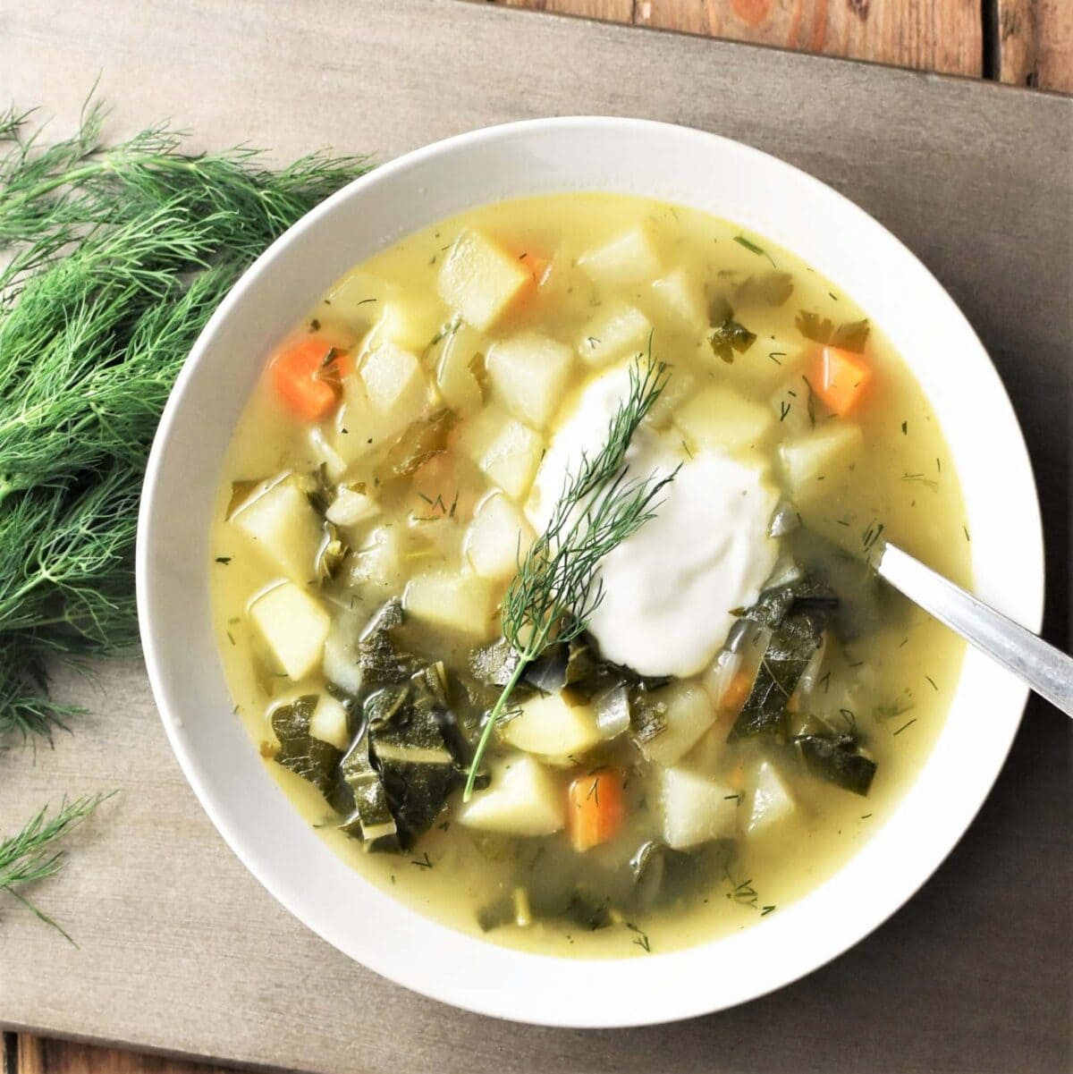 Chunky kohlrabi soup with vegetables and dollop of yogurt in white bowl with spoon and dill to the left.