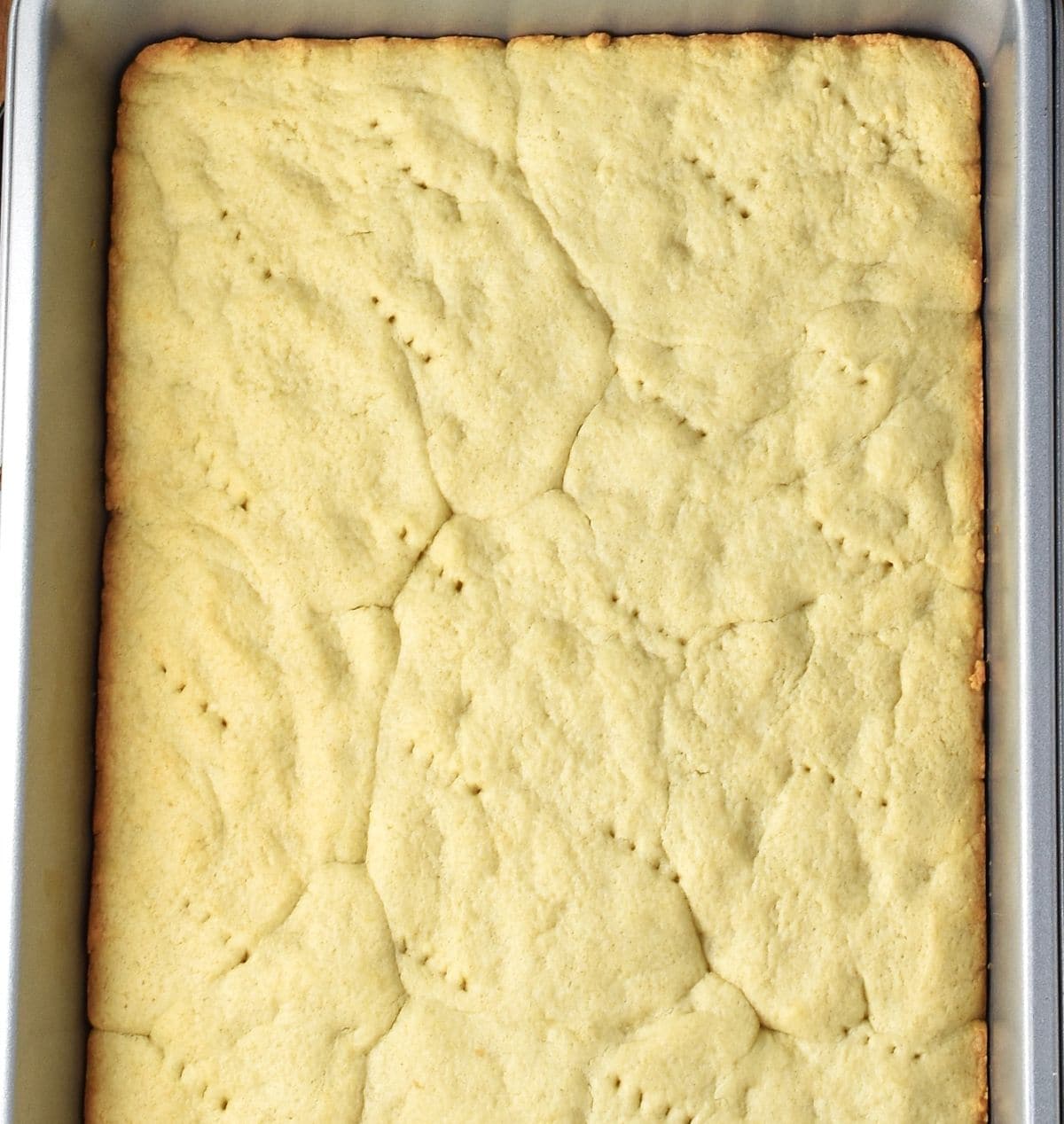 Pre-baked pastry for plesniak cake in rectangular pan.