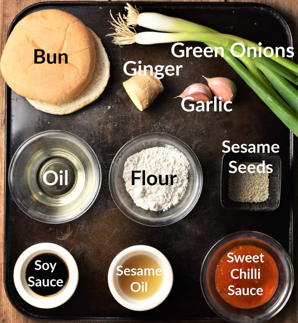 Asian meatballs ingredients in individual dishes.