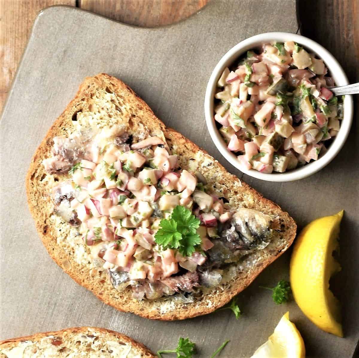 Top down view of toast with sardines mixture.