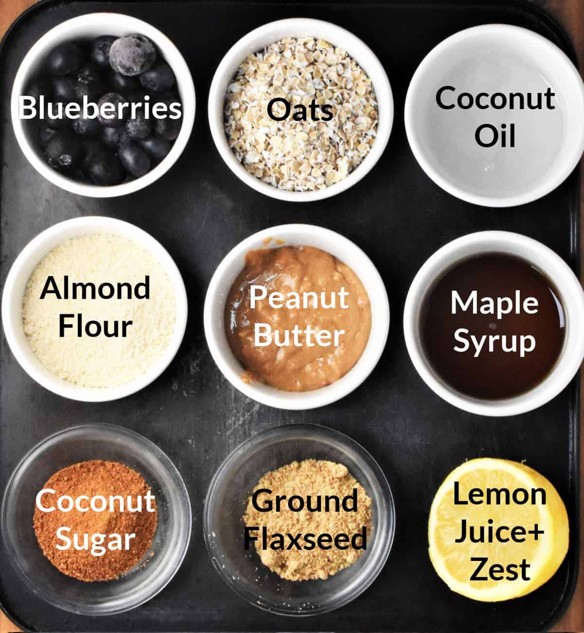 Ingredients for making blueberry oat bars in individual dishes.