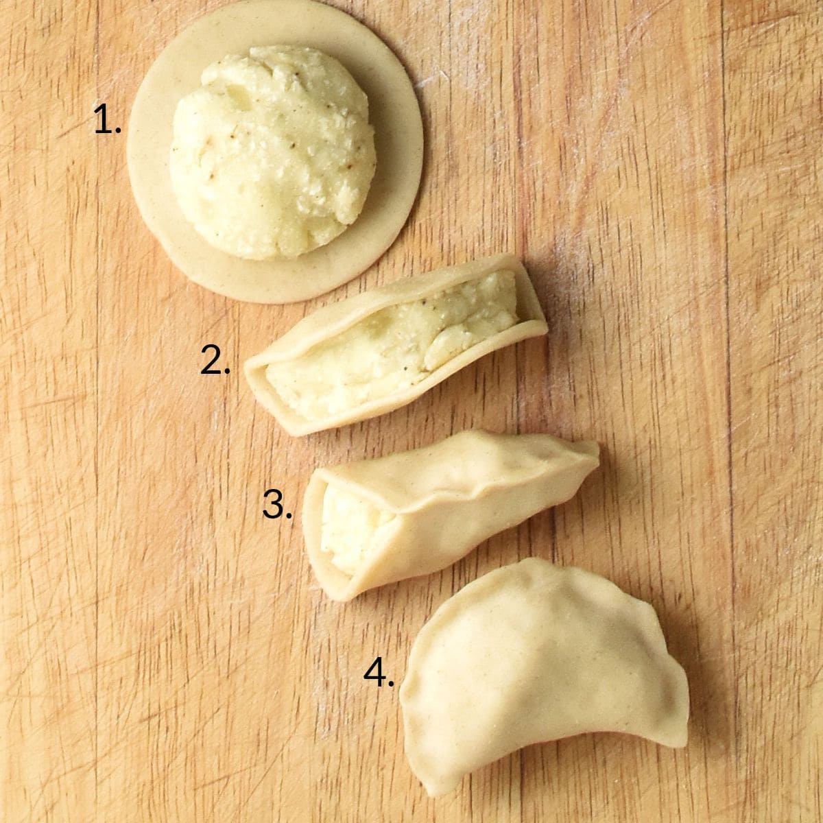 Ste-by-step instructions for forming plant-based pierogi on wooden surface.