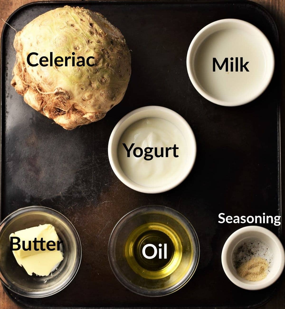 Celery root puree ingredients in individual dishes.
