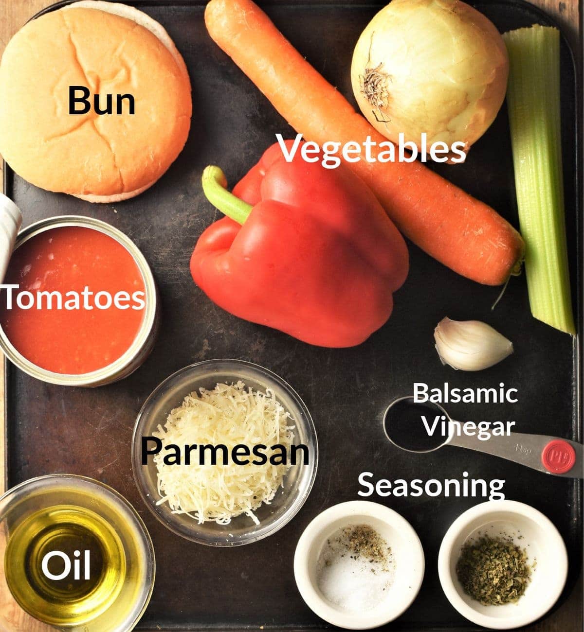 Meatball casserole ingredients in individual dishes.