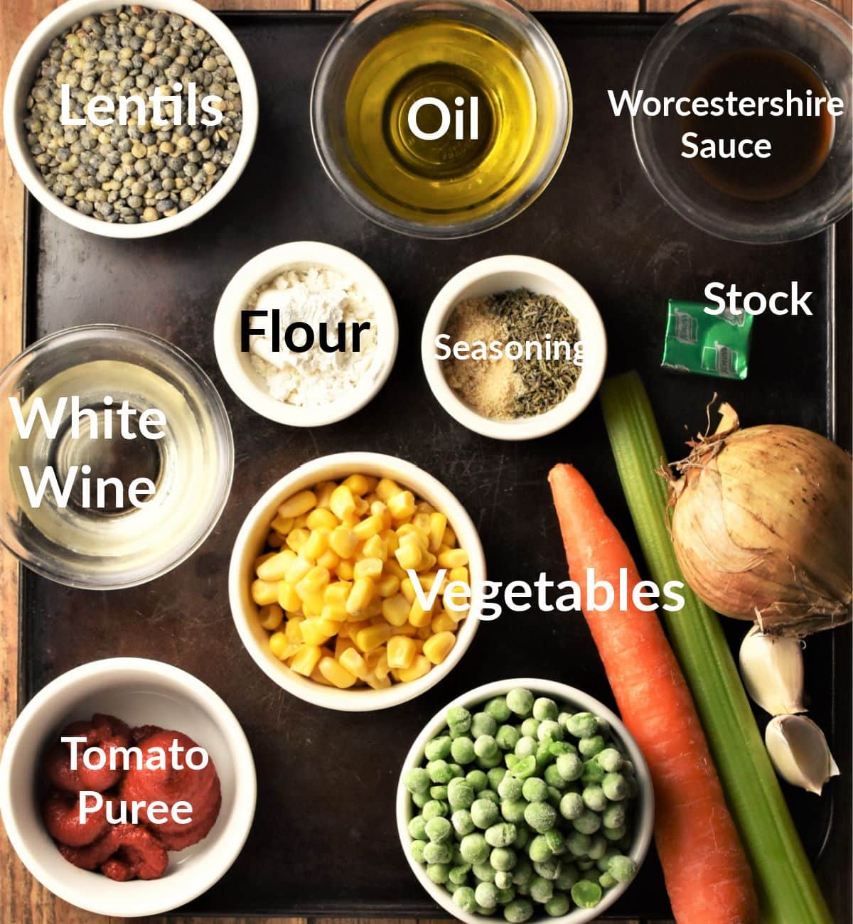 Lentil shepherd's pie ingredients in individual dishes.