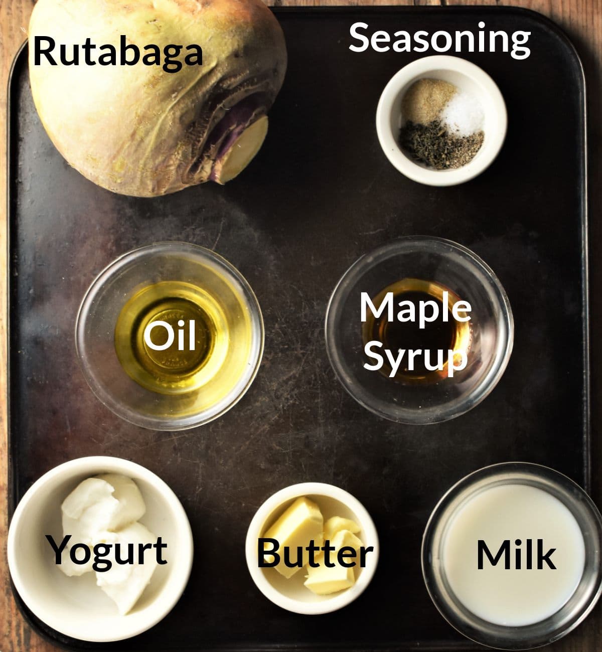 Ingredients for making mashed rutabaga/swede in individual dishes.