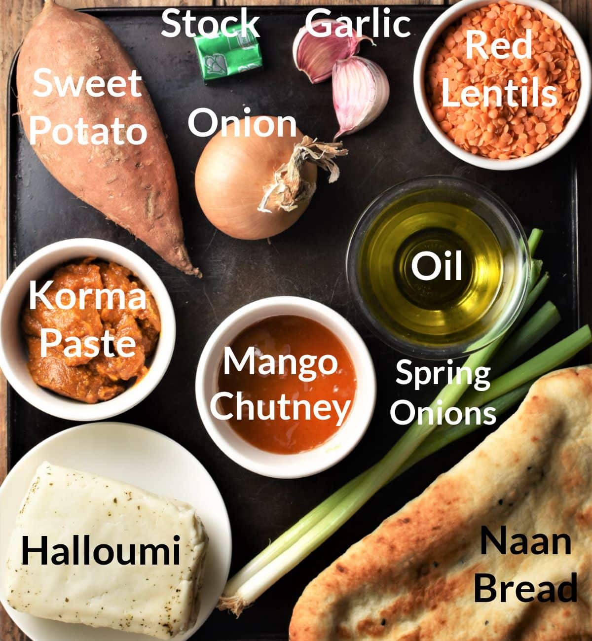 Ingredients for sweet potato dhal in individual dishes.