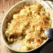 Crispy cauliflower stuffing in oval dish.