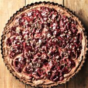 Black forest cheesecake tart in round tin.