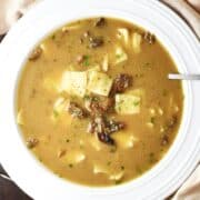 Top down view of Polish Christmas mushroom soup with pasta in white bowl with spoon.