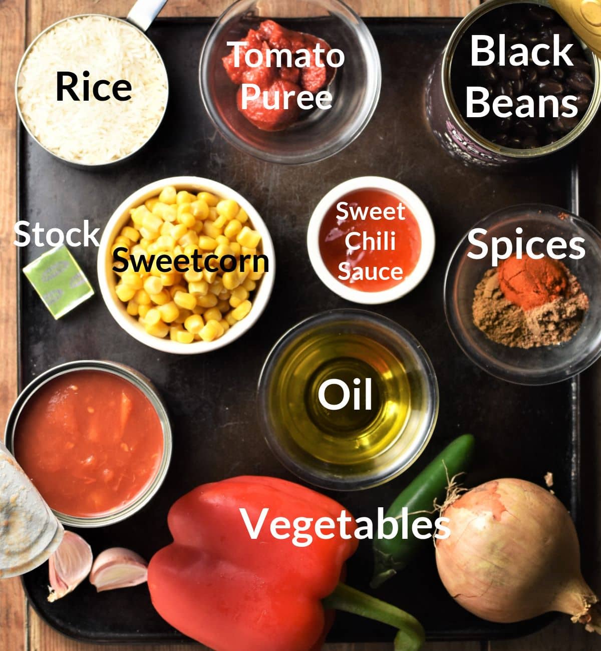 Ingredients for turkey rice casserole in individual dishes.