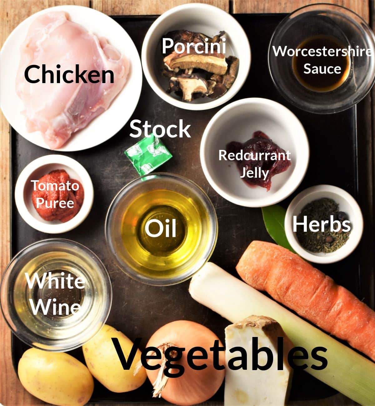 Ingredients for making chicken stew with potatoes displayed in individual dishes.