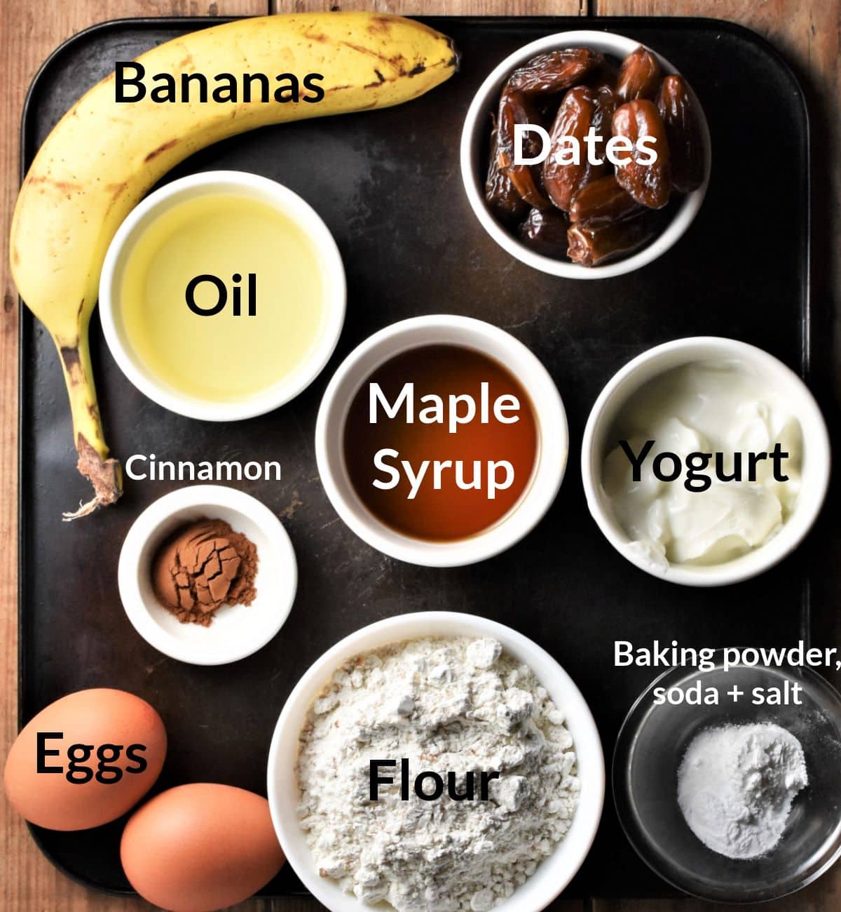 Ingredients for making banana bread with dates in individual dishes.