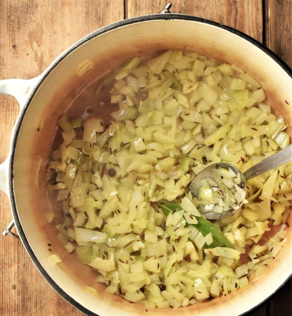 Frying onion and caraway seeds in large pot.