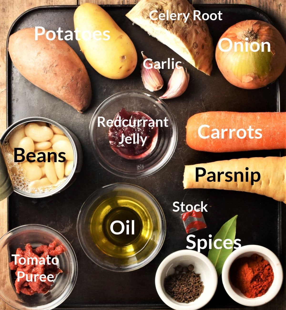 Ingredients for making root vegetable stew in individual dishes.