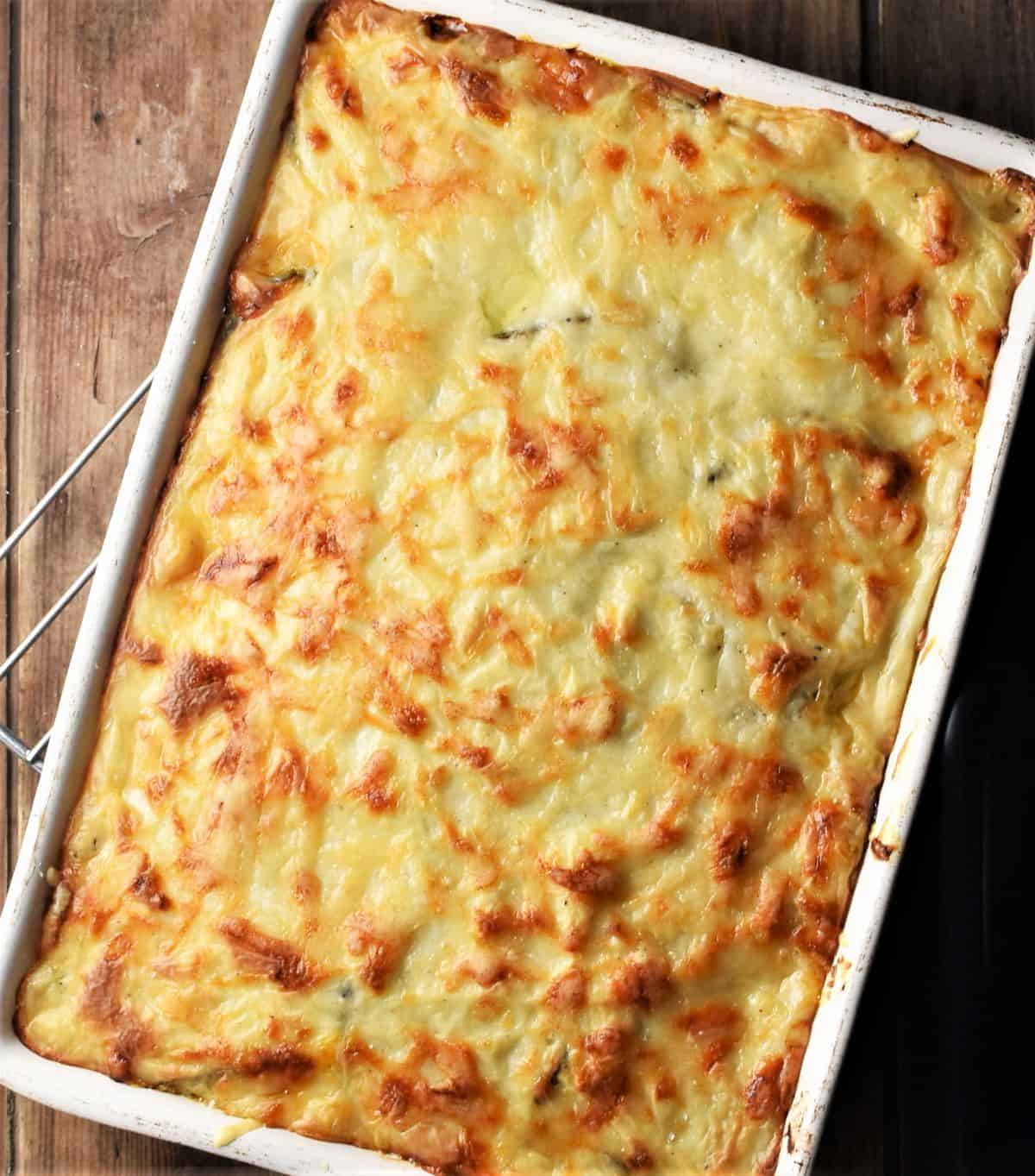 Top down view of baked moussaka.