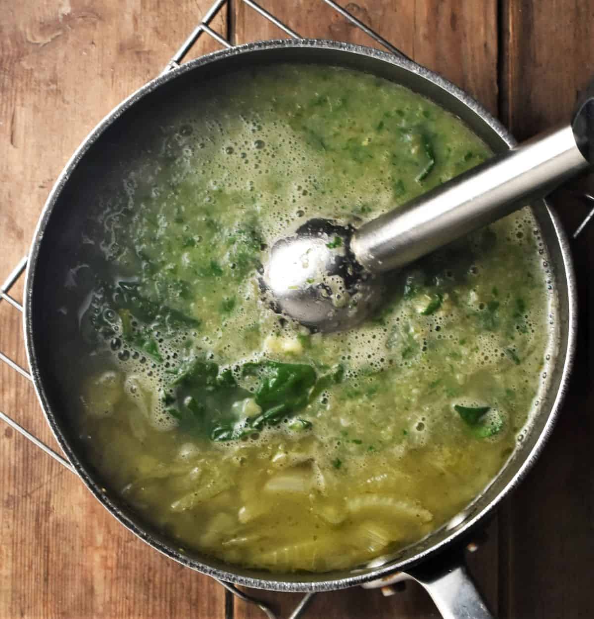 Pureeing fennel soup in large pot with hand blender.