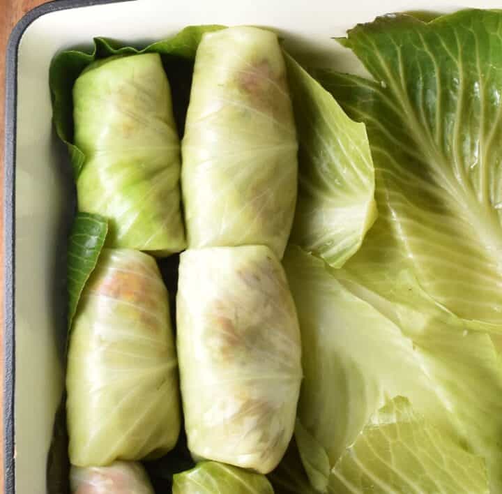 Arranging cabbage rolls with sauerkraut on top of leaves in casserole dish.