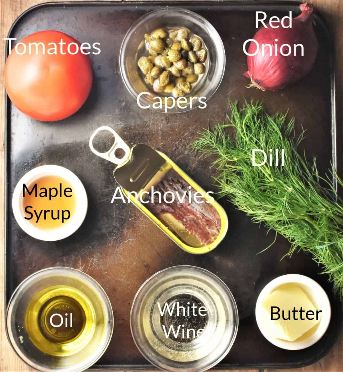 Ingredients for making tomato sauce for fish in individual dishes.