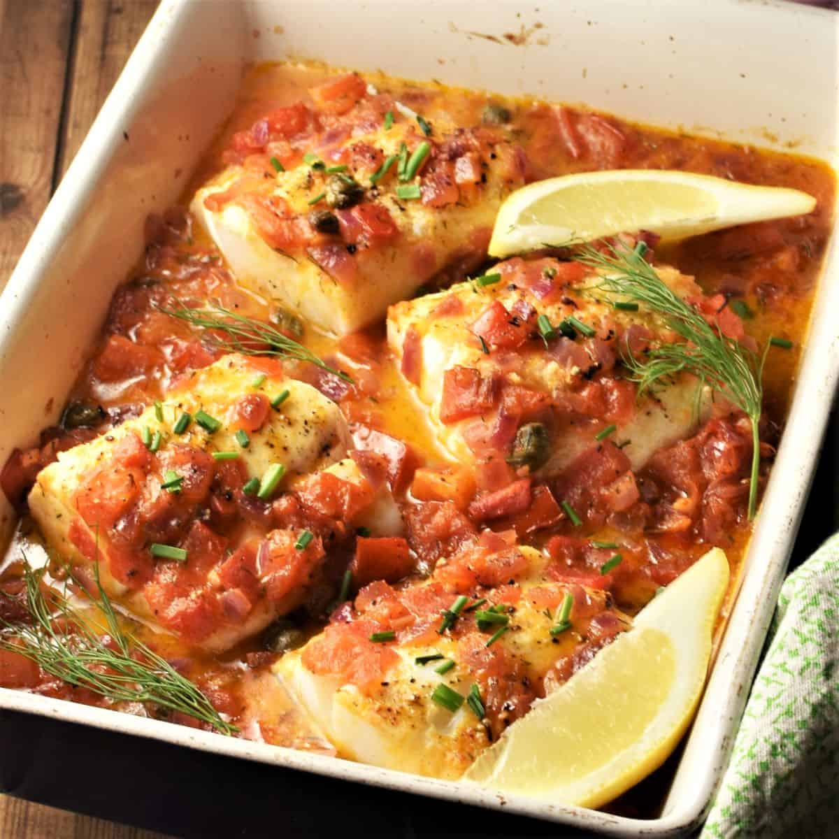 Side view of 4 cod pieces in tomato sauce in casserole dish with lemon wedges.