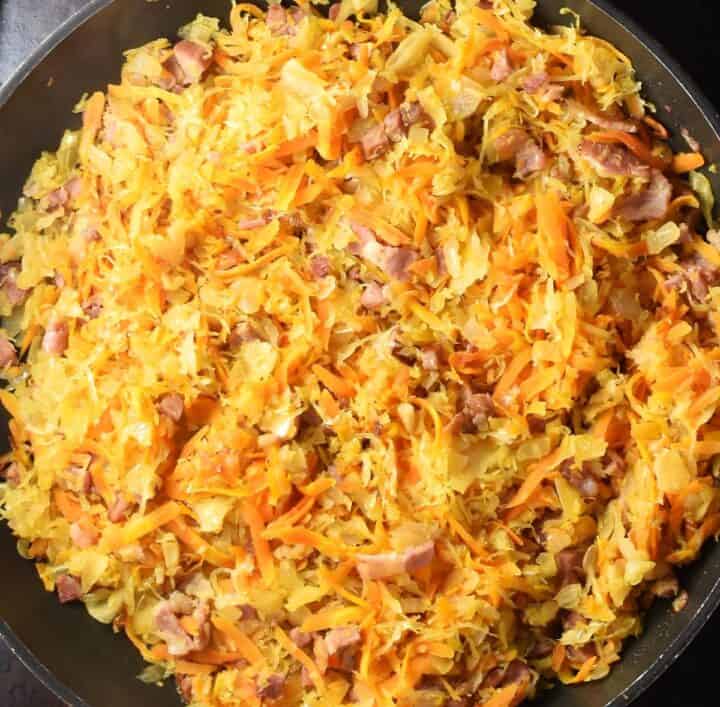 Sauerkraut cabbage roll filling mixture in pan.