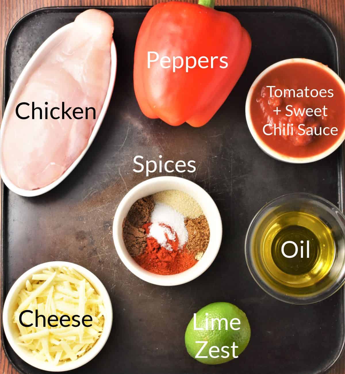 Ingredients for making chicken fajita casserole in individual dishes.