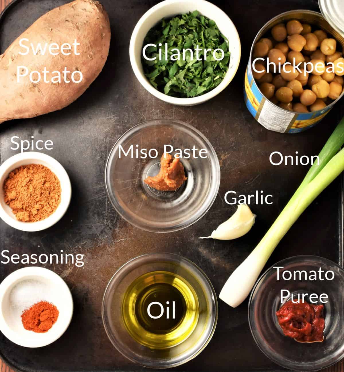 Ingredients for making sweet potato burgers in individual dishes.