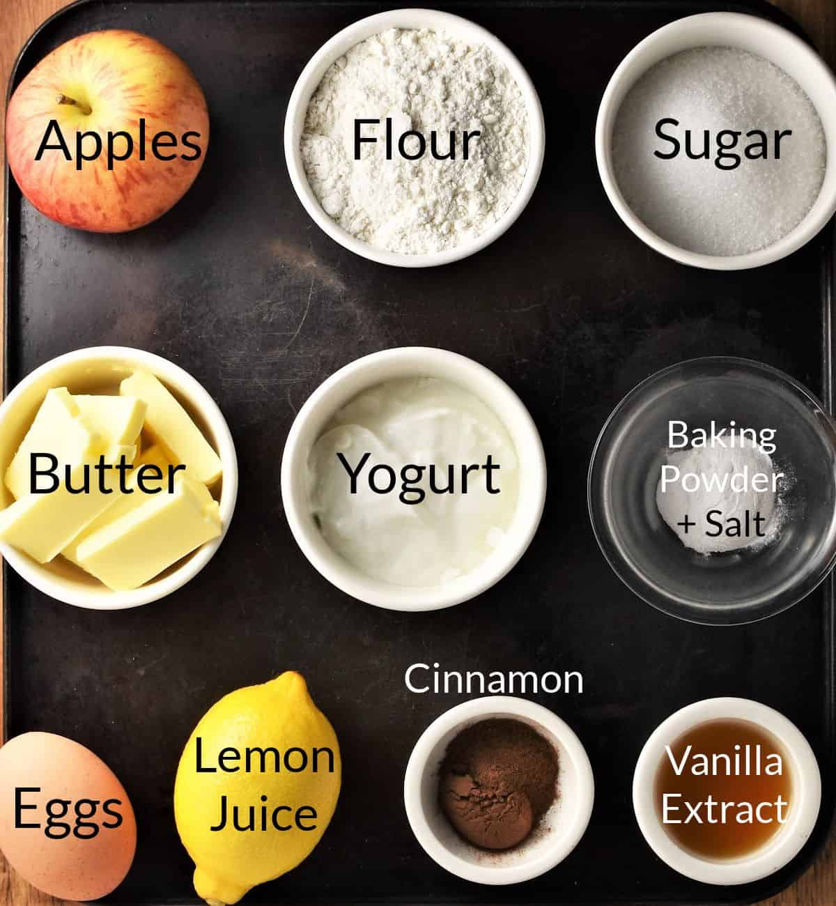 Ingredients for making Polish apple cake in individual dishes.