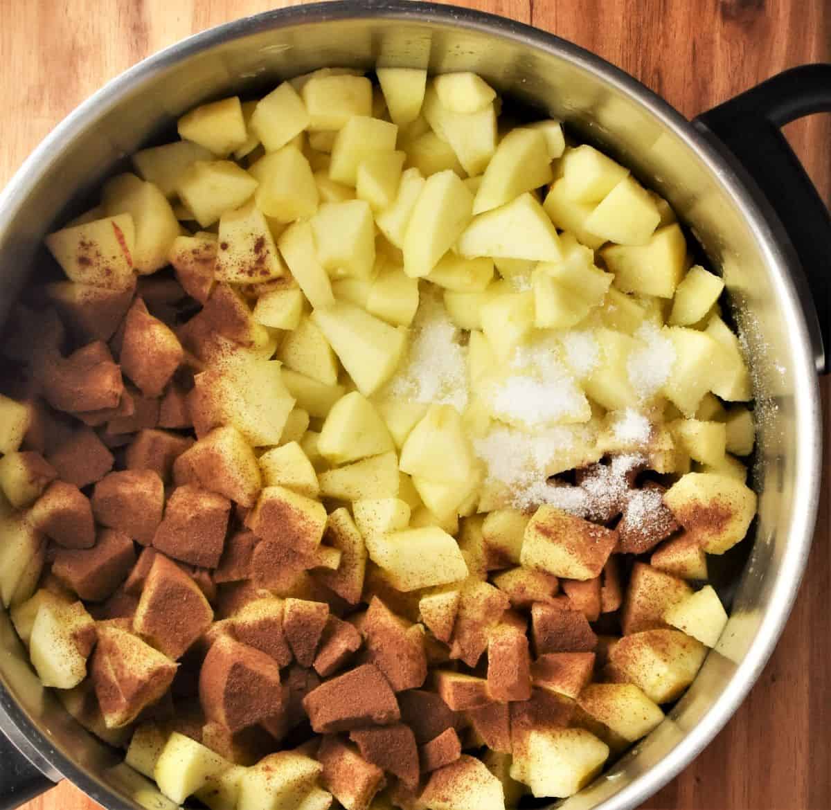 Cubed apples, cinnamon and sugar in large pot.