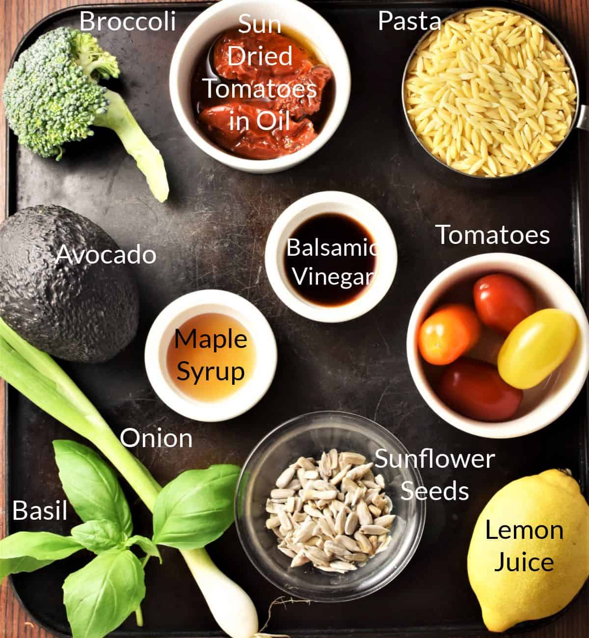 Ingredients for making raw broccoli salad in individual dishes.