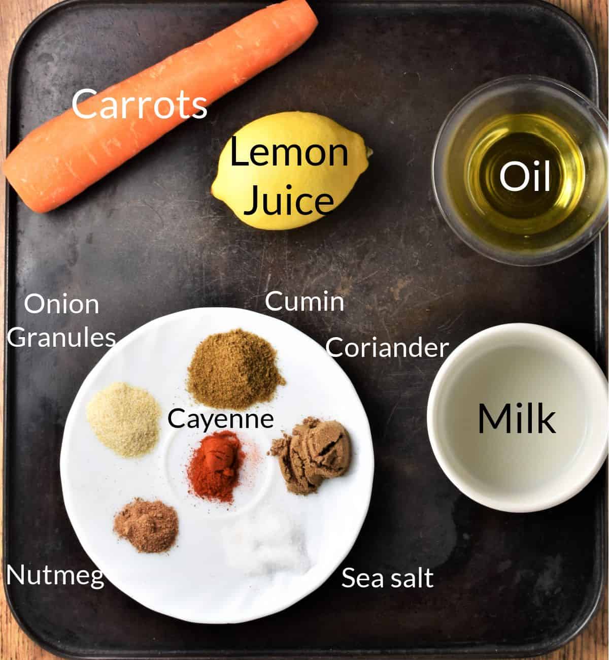 Ingredients for making mashed carrots in individual dishes.
