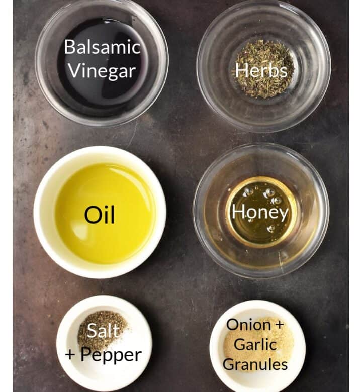 Balsamic roasted vegetables ingredients in individual dishes.