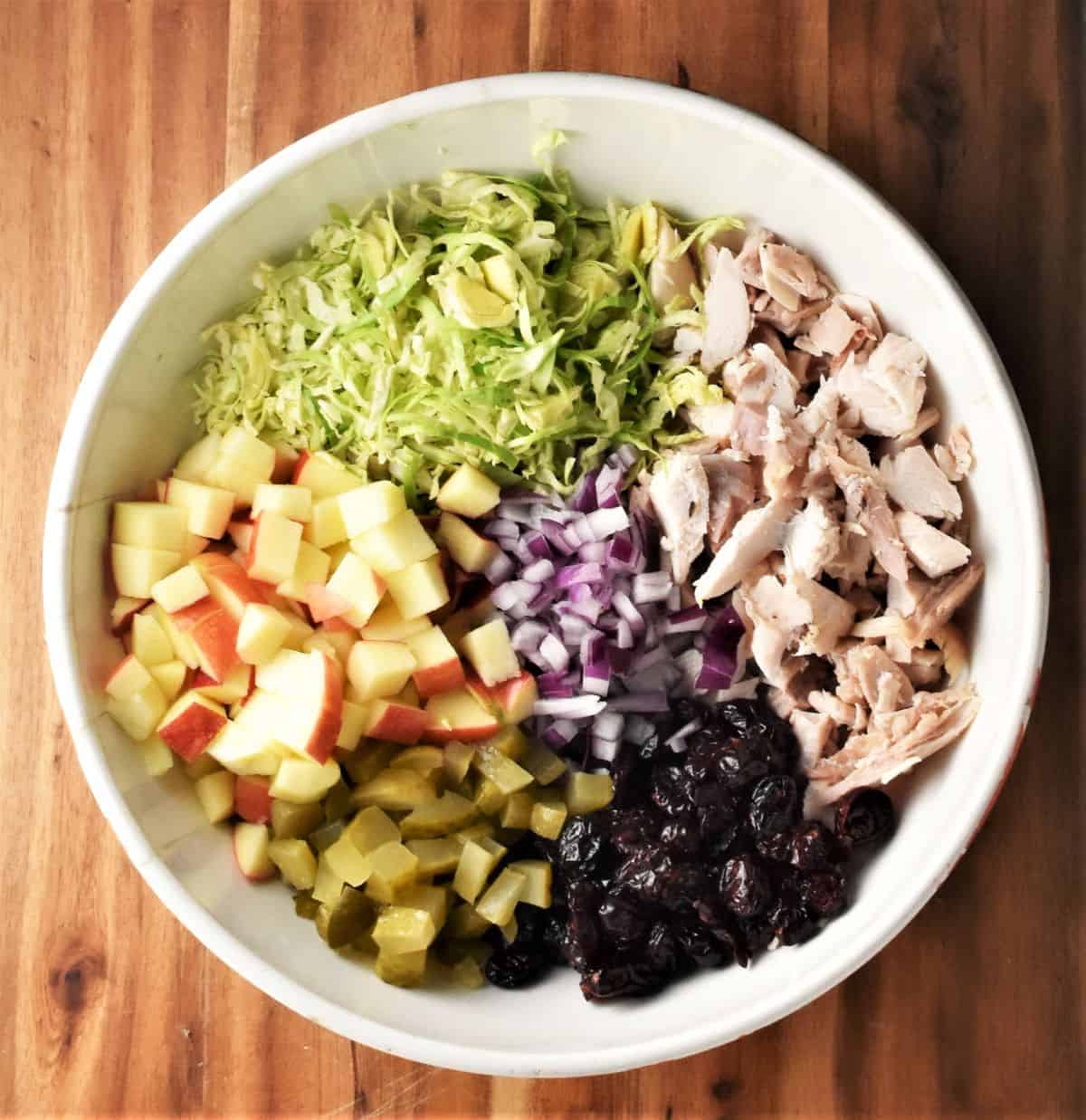 Assembling turkey salad with cranberries in large white bowl.