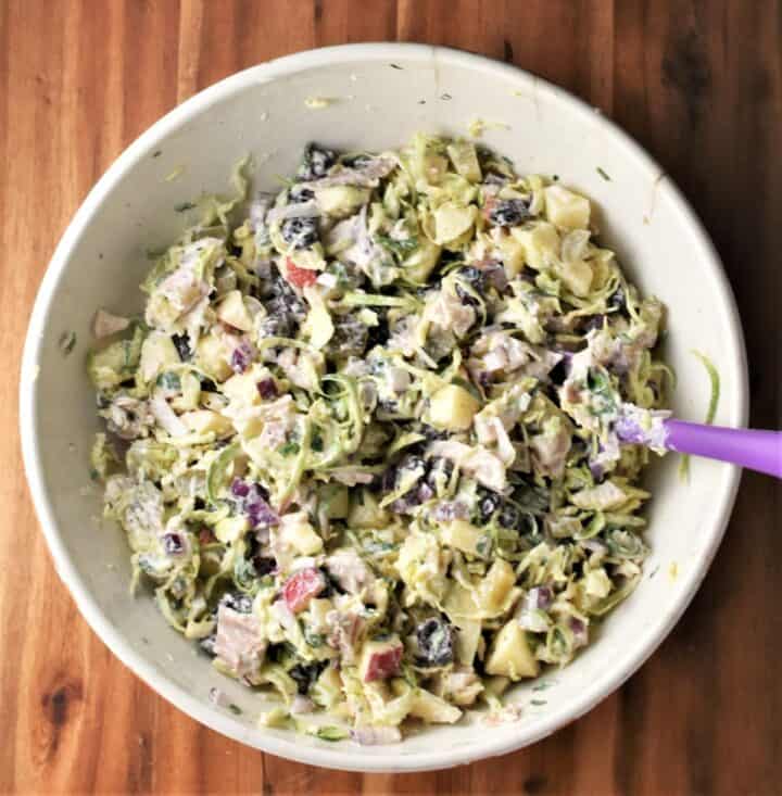 Cranberry and turkey salad mixture in large white bowl.